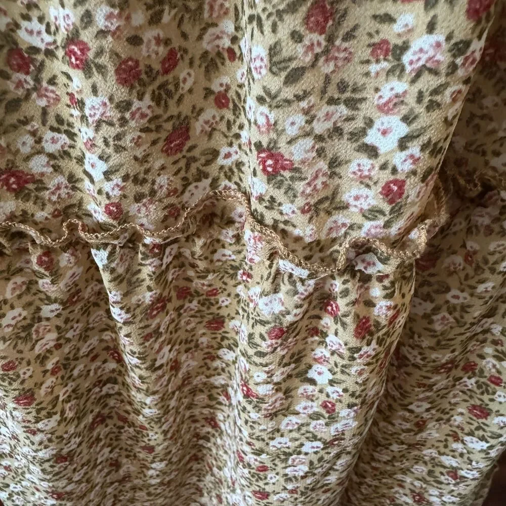Tiered Womens Floral Skirt Large Cottagecore Fairy Lined Elastic Waist Brown